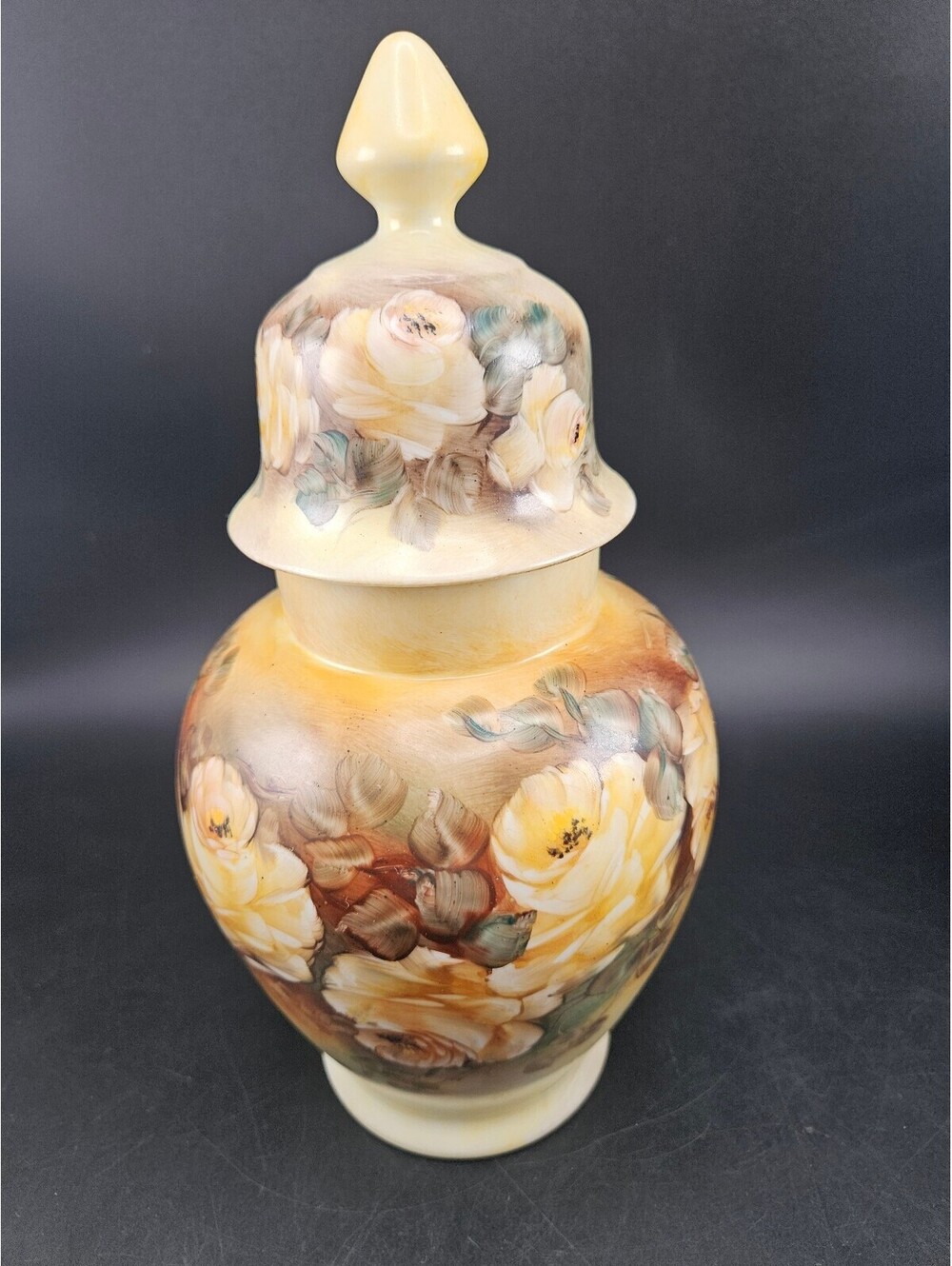 Vintage Hand Painted Yellow Rose Ginger Jar Signed Suzete 11" Floral Lidded Urn